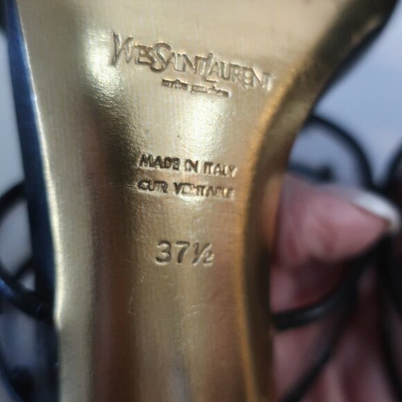 Authentic Yves Saint Laurent Ruched Leather Lucite Gem Strappy Heels 37.5 US/7.5 - Picture 11 of 12